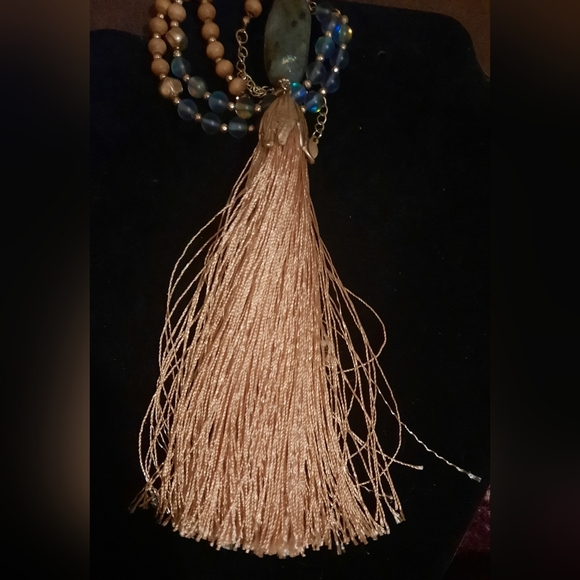Labradorite, frosted glass gemstone tassel necklace wood beads adjustable signed - Picture 6 of 15